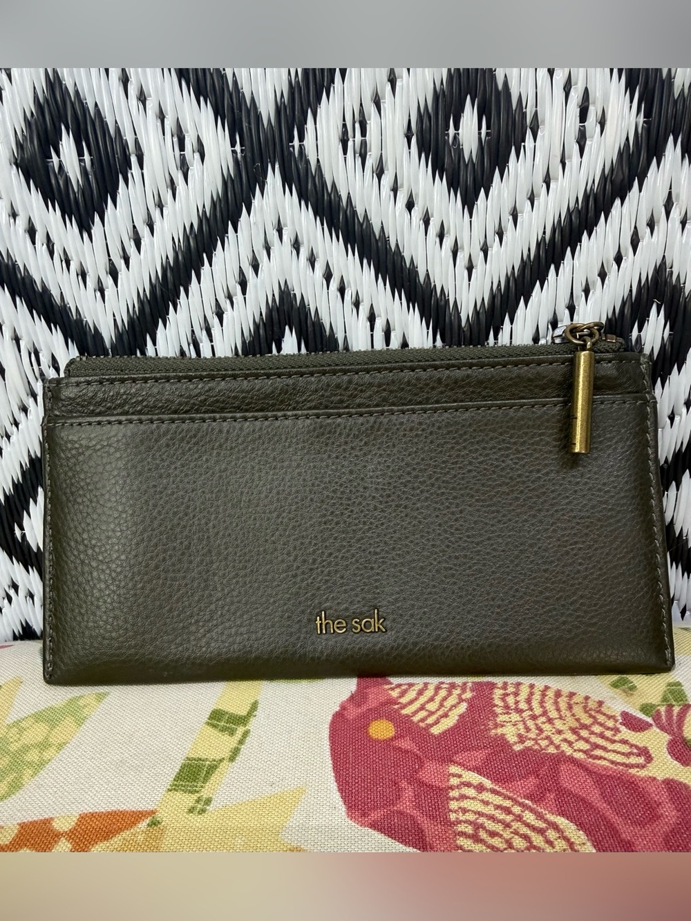 The Sak Olive Green Pebbled Leather Zip Card Wallet with Gold-Tone Hardware